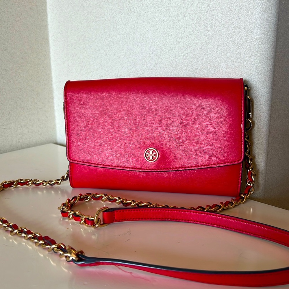 Tory Burch Red and Gold Chain Crossbody Wallet